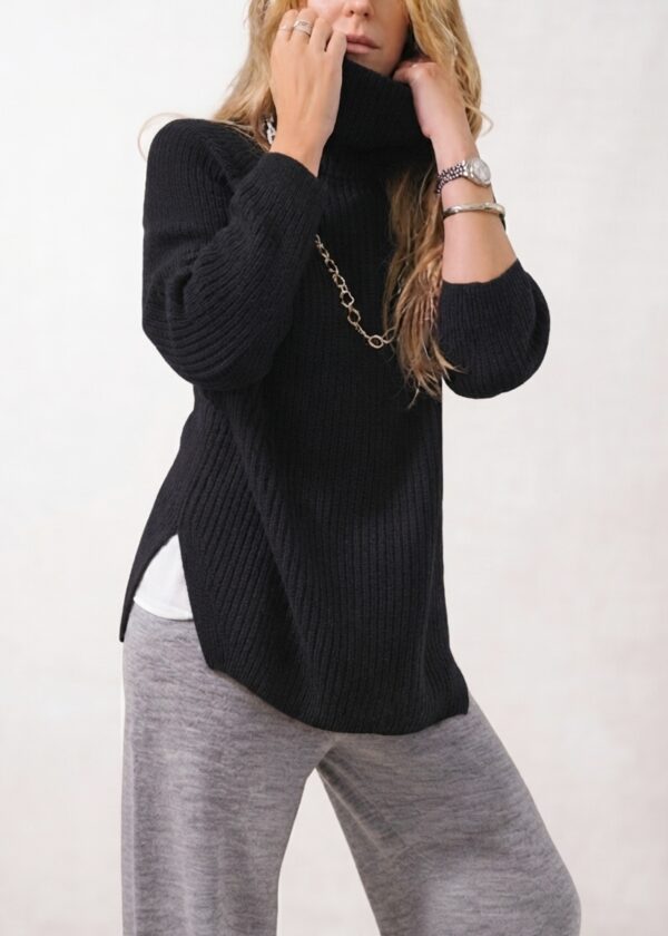 Maglione collo alto costa inglese in cashmere e seta - Taglia Unica, Nero